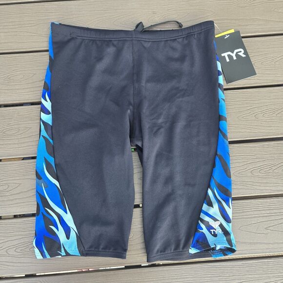 TYR Durafast Inferno Blue/black Splice  Drawstring Swim Jammer Size 32 New - Picture 1 of 3